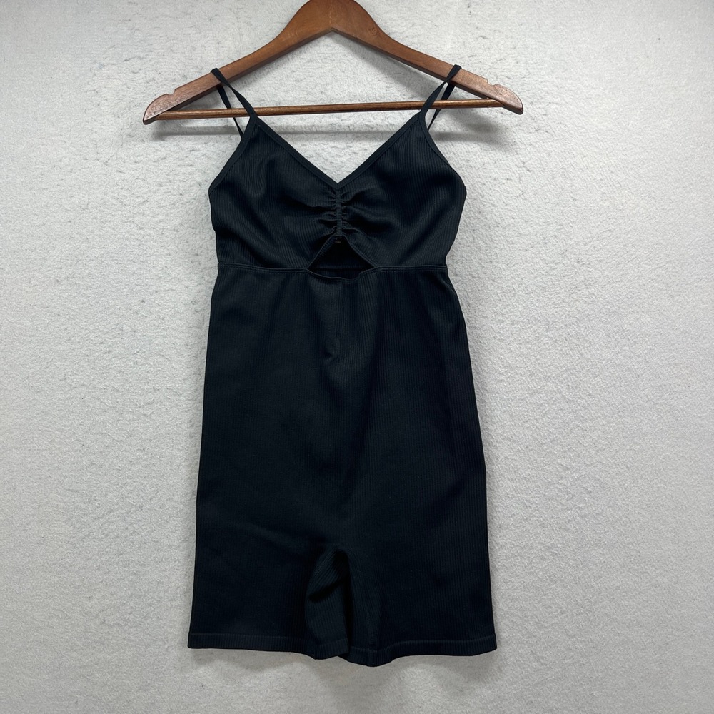 Colsie Romper Womens Medium Black Ribbed Cutout Cinched Active Basic Athleisure